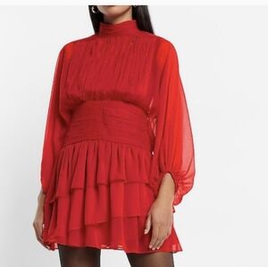 NWT Mock Neck Long Sleeve Pleated Waist Tiered Ruffle Mini Dress Lipstick Red